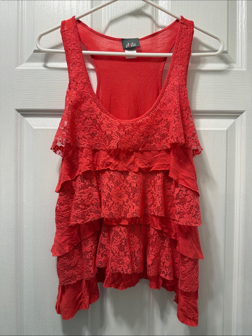 Dots Coral Red Lace Tiered Ruffle Tank